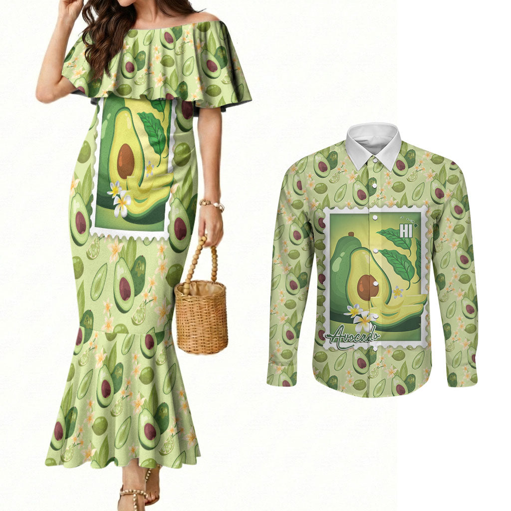 Aloha Hawaii Avocado Couples Matching Mermaid Dress and Long Sleeve Button Shirt Hawaiian Fruit Stylized Stamp LT14 Green - Polynesian Pride