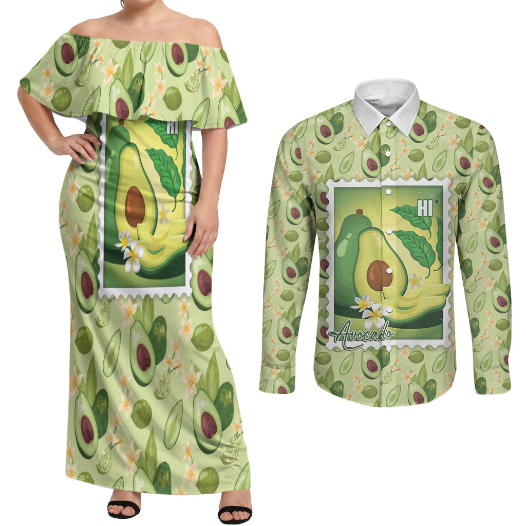 Aloha Hawaii Avocado Couples Matching Off Shoulder Maxi Dress and Long Sleeve Button Shirt Hawaiian Fruit Stylized Stamp