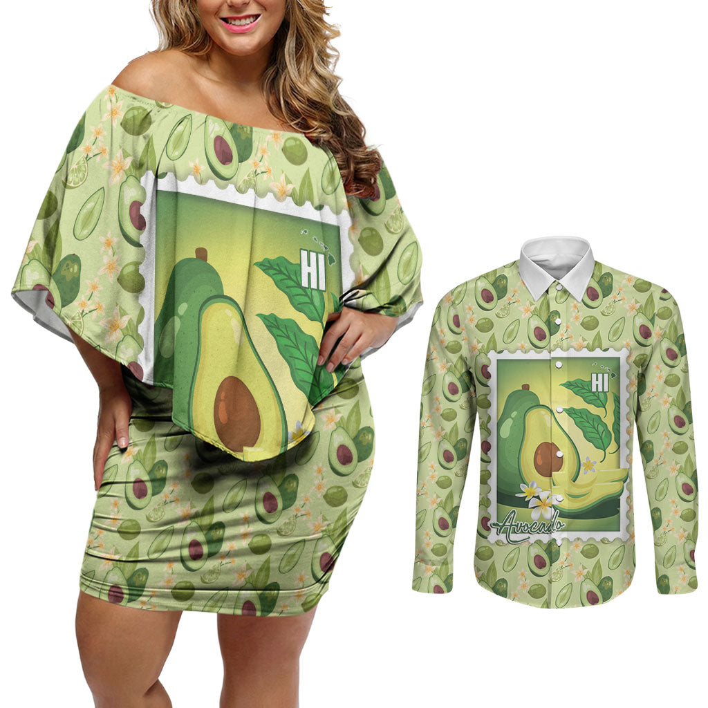 Aloha Hawaii Avocado Couples Matching Off Shoulder Short Dress and Long Sleeve Button Shirt Hawaiian Fruit Stylized Stamp LT14 Green - Polynesian Pride
