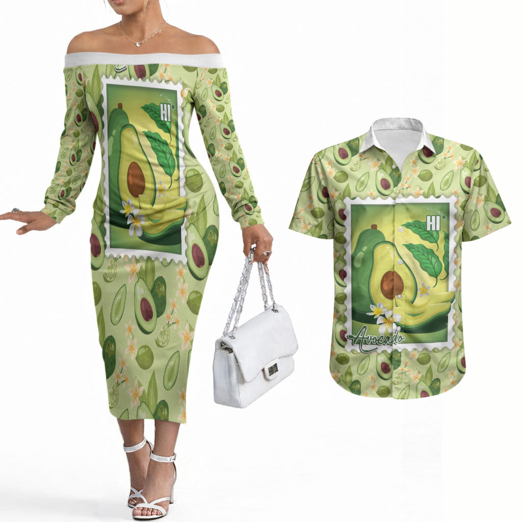 Aloha Hawaii Avocado Couples Matching Off The Shoulder Long Sleeve Dress and Hawaiian Shirt Hawaiian Fruit Stylized Stamp LT14 Green - Polynesian Pride
