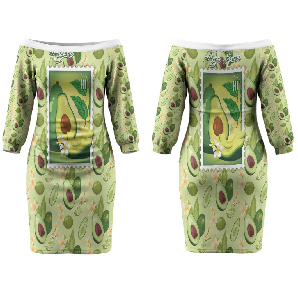 Aloha Hawaii Avocado Couples Matching Off The Shoulder Long Sleeve Dress and Hawaiian Shirt Hawaiian Fruit Stylized Stamp LT14 - Polynesian Pride