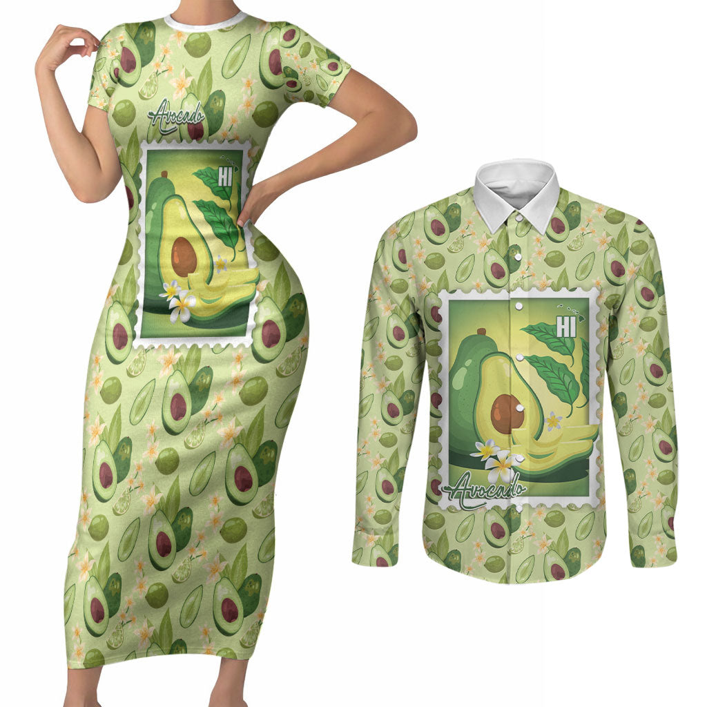 Aloha Hawaii Avocado Couples Matching Short Sleeve Bodycon Dress and Long Sleeve Button Shirt Hawaiian Fruit Stylized Stamp LT14 Green - Polynesian Pride