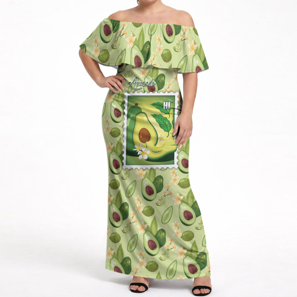 Aloha Hawaii Avocado Off Shoulder Maxi Dress Hawaiian Fruit Stylized Stamp