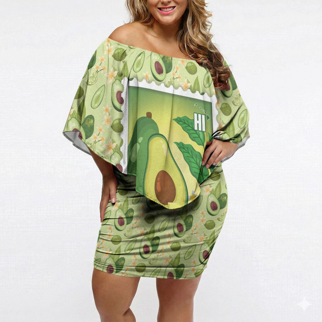 Aloha Hawaii Avocado Off Shoulder Short Dress Hawaiian Fruit Stylized Stamp