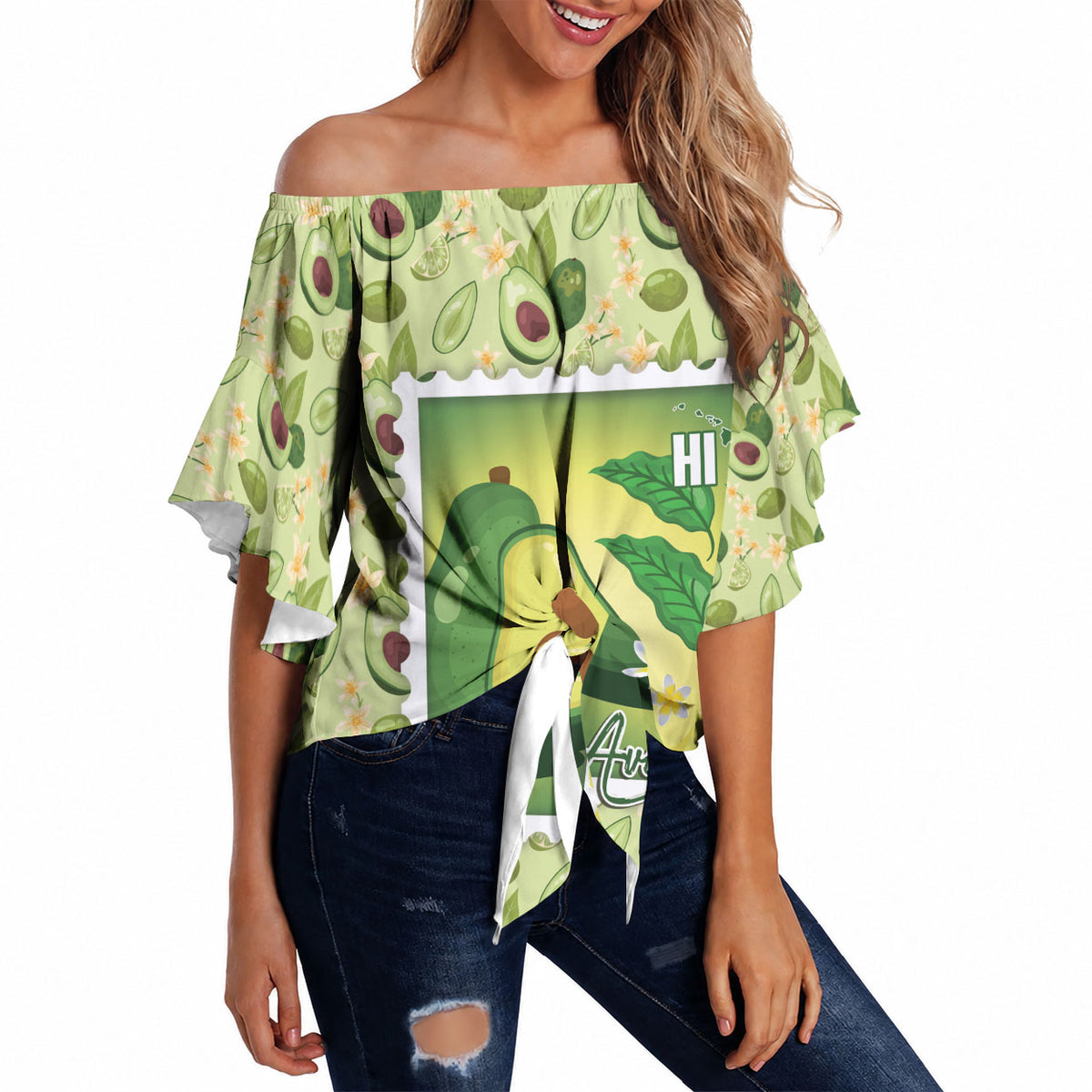 Aloha Hawaii Avocado Off Shoulder Wrap Waist Top Hawaiian Fruit Stylized Stamp LT14 Green - Polynesian Pride