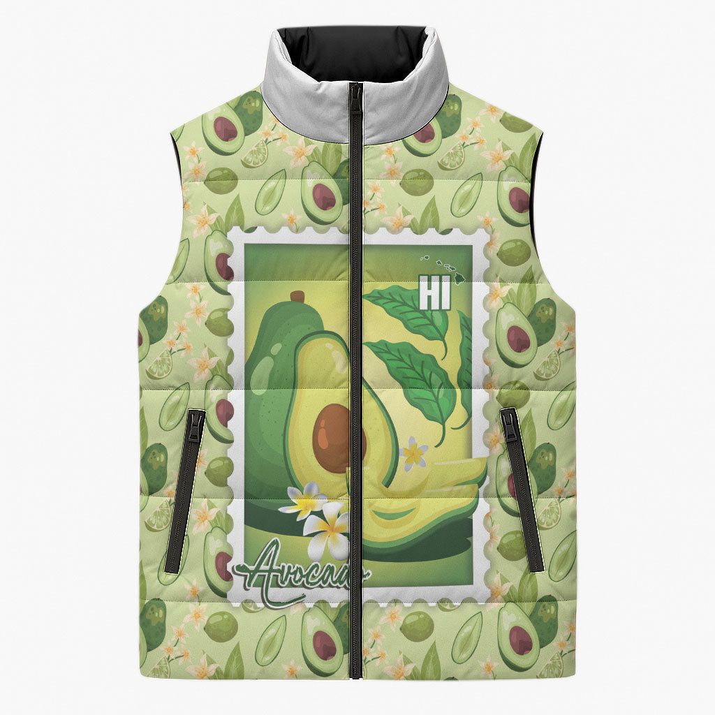 Aloha Hawaii Avocado Sleeveless Puffer Jacket Hawaiian Fruit Stylized Stamp