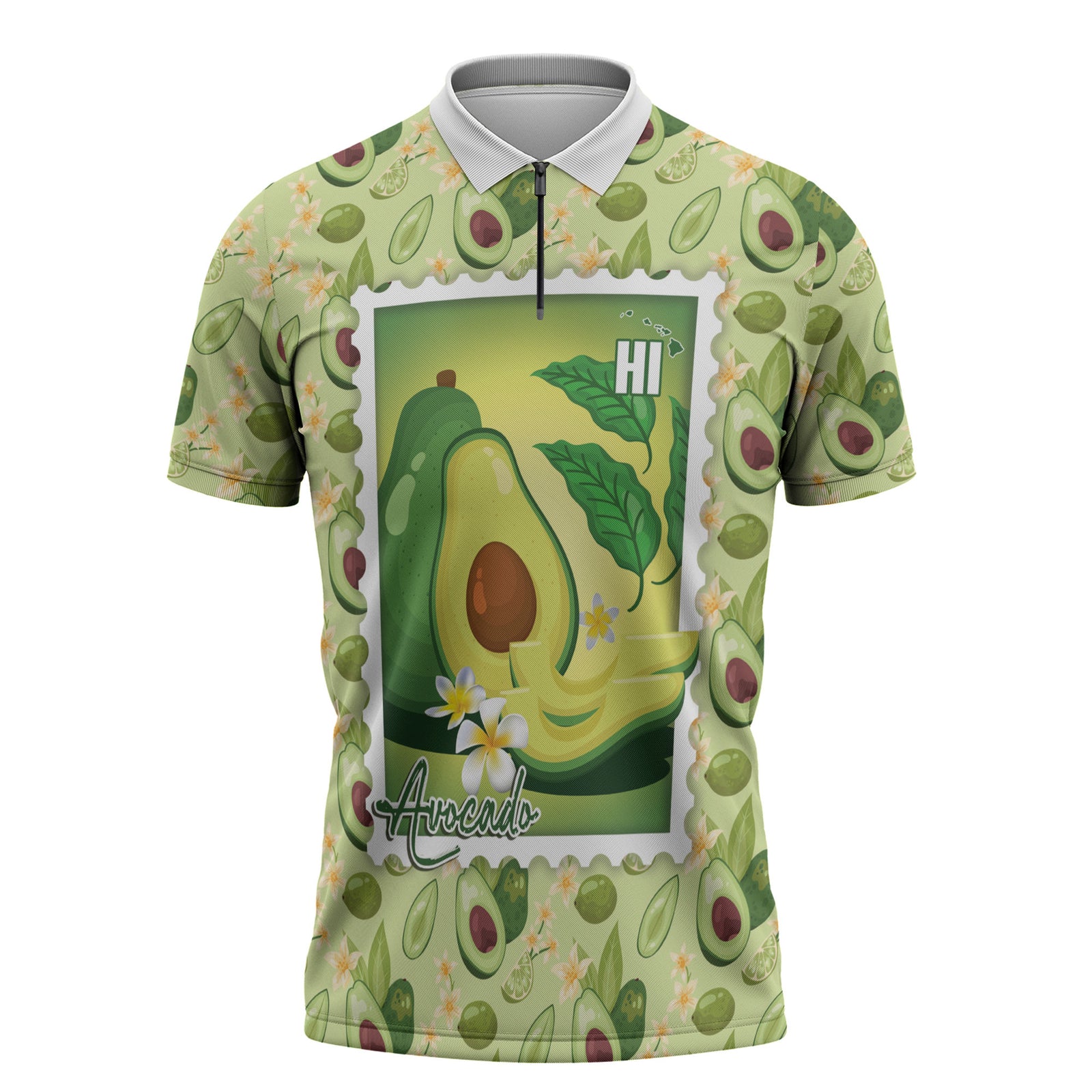 Aloha Hawaii Avocado Zipper Polo Shirt Hawaiian Fruit Stylized Stamp LT14 Green - Polynesian Pride