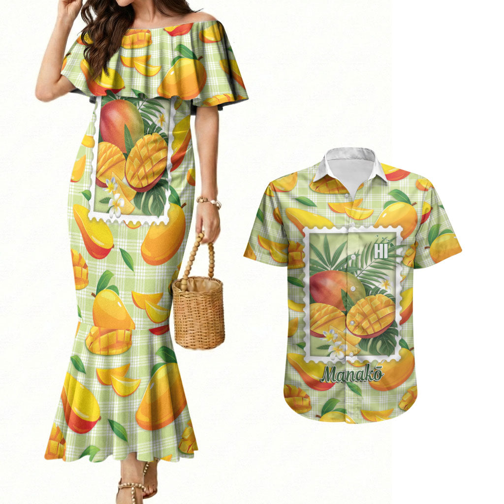 Aloha Hawaii Manako Palaka Motifs Couples Matching Mermaid Dress and Hawaiian Shirt Hawaiian Mango Stylized Stamp LT14 Yellow - Polynesian Pride