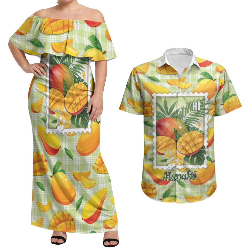 Aloha Hawaii Manako Palaka Motifs Couples Matching Off Shoulder Maxi Dress and Hawaiian Shirt Hawaiian Mango Stylized Stamp LT14 Yellow - Polynesian Pride