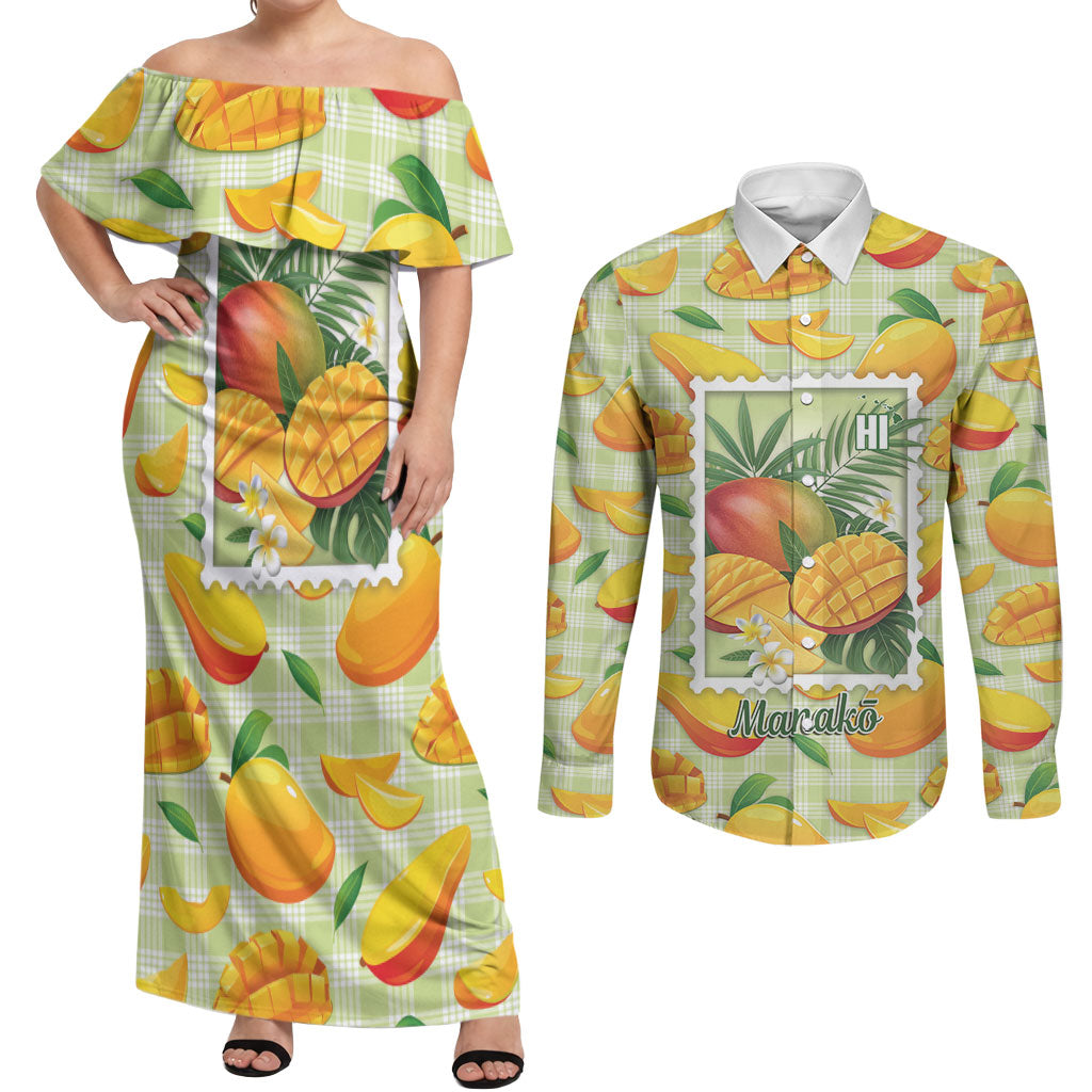 Aloha Hawaii Manako Palaka Motifs Couples Matching Off Shoulder Maxi Dress and Long Sleeve Button Shirt Hawaiian Mango Stylized Stamp