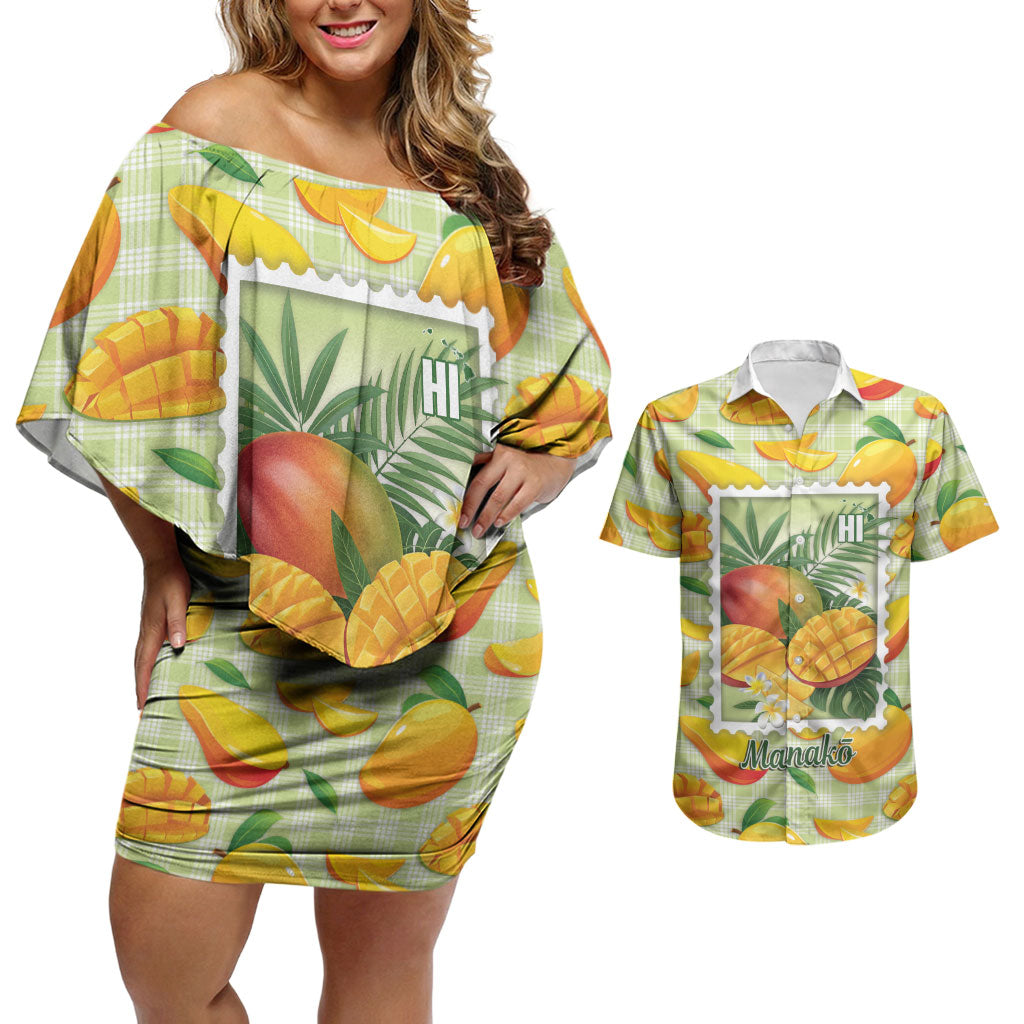 Aloha Hawaii Manako Palaka Motifs Couples Matching Off Shoulder Short Dress and Hawaiian Shirt Hawaiian Mango Stylized Stamp LT14 Yellow - Polynesian Pride