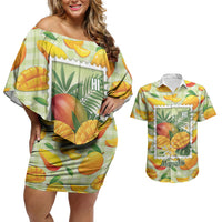 Aloha Hawaii Manako Palaka Motifs Couples Matching Off Shoulder Short Dress and Hawaiian Shirt Hawaiian Mango Stylized Stamp LT14 Yellow - Polynesian Pride