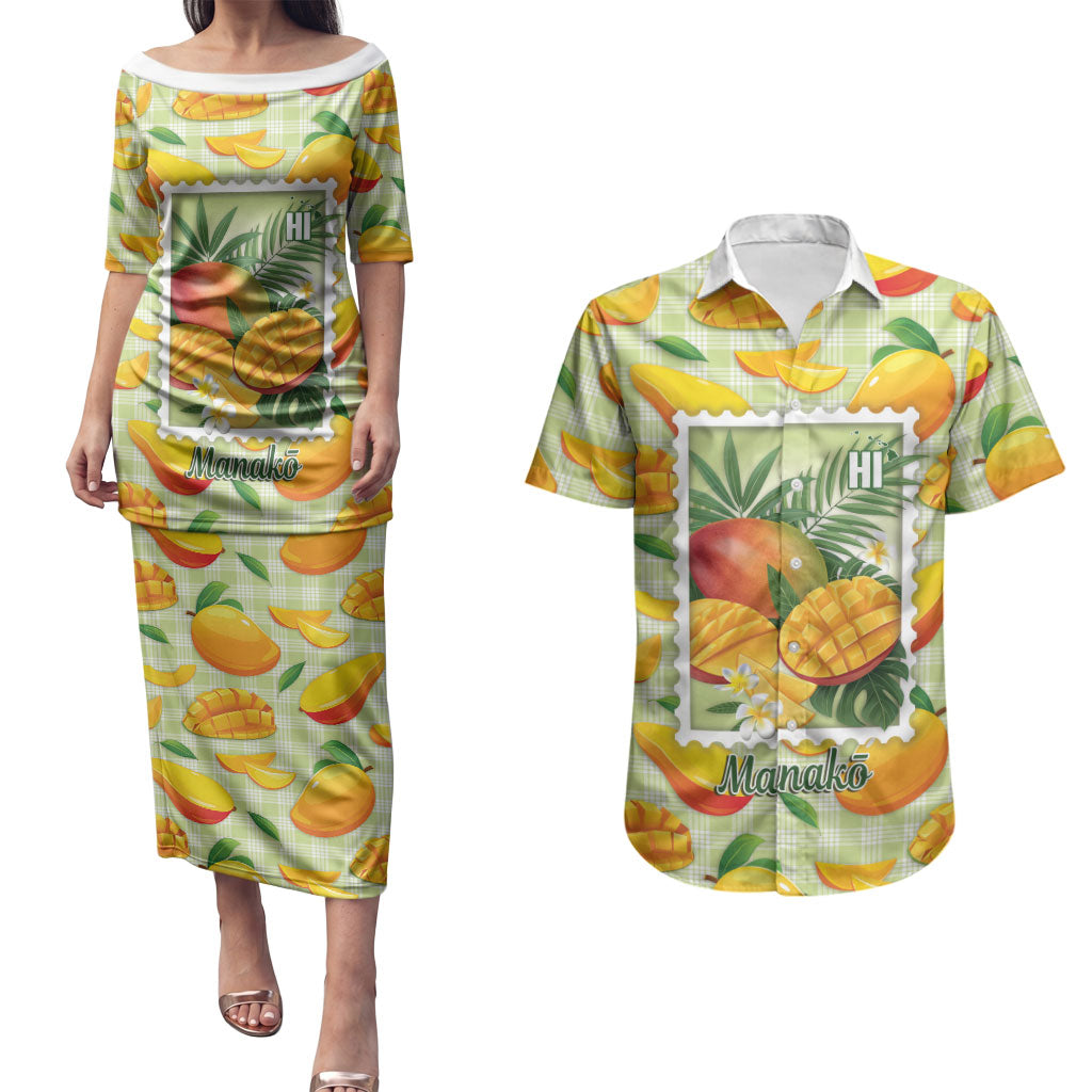 Aloha Hawaii Manako Palaka Motifs Couples Matching Puletasi and Hawaiian Shirt Hawaiian Mango Stylized Stamp LT14 Yellow - Polynesian Pride