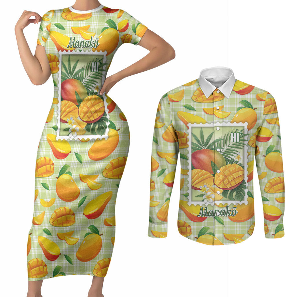 Aloha Hawaii Manako Palaka Motifs Couples Matching Short Sleeve Bodycon Dress and Long Sleeve Button Shirt Hawaiian Mango Stylized Stamp LT14 Yellow - Polynesian Pride