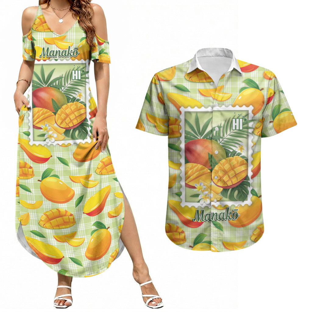 Aloha Hawaii Manako Palaka Motifs Couples Matching Summer Maxi Dress and Hawaiian Shirt Hawaiian Mango Stylized Stamp LT14 Yellow - Polynesian Pride