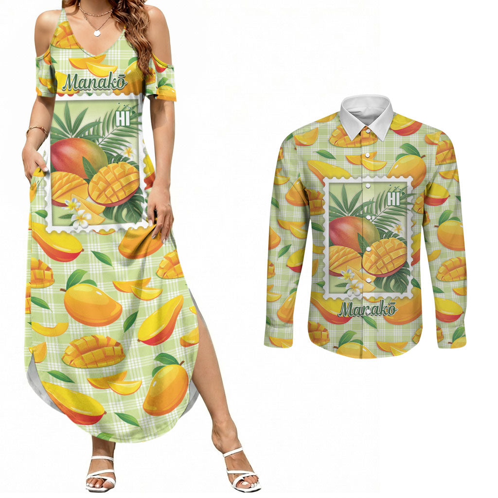 Aloha Hawaii Manako Palaka Motifs Couples Matching Summer Maxi Dress and Long Sleeve Button Shirt Hawaiian Mango Stylized Stamp LT14 Yellow - Polynesian Pride