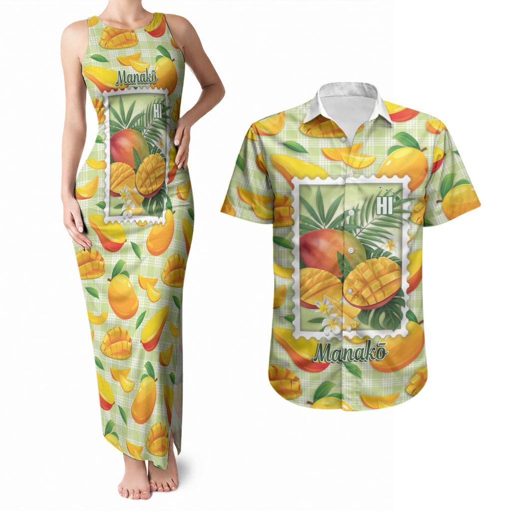 Aloha Hawaii Manako Palaka Motifs Couples Matching Tank Maxi Dress and Hawaiian Shirt Hawaiian Mango Stylized Stamp LT14 Yellow - Polynesian Pride