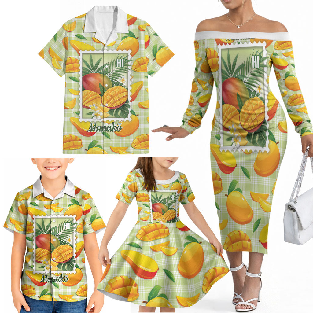 Aloha Hawaii Manako Palaka Motifs Family Matching Off The Shoulder Long Sleeve Dress and Hawaiian Shirt Hawaiian Mango Stylized Stamp LT14 - Polynesian Pride