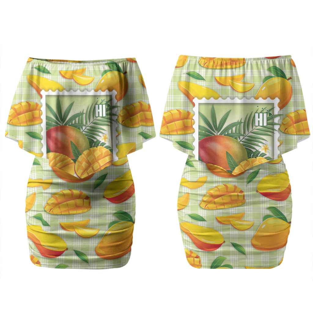Aloha Hawaii Manako Palaka Motifs Family Matching Off Shoulder Short Dress and Hawaiian Shirt Hawaiian Mango Stylized Stamp LT14 Mom's Dress Yellow - Polynesian Pride