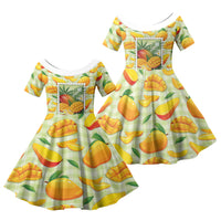 Aloha Hawaii Manako Palaka Motifs Family Matching Off Shoulder Short Dress and Hawaiian Shirt Hawaiian Mango Stylized Stamp LT14 Daughter's Dress Yellow - Polynesian Pride