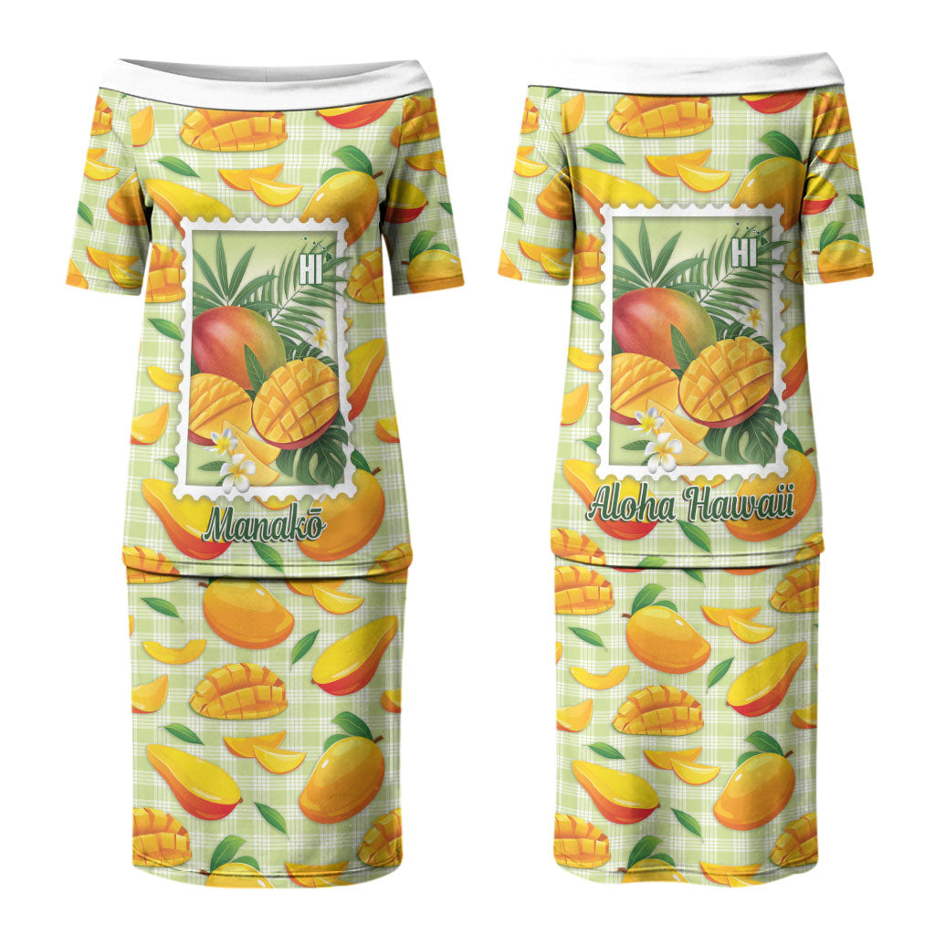 Aloha Hawaii Manako Palaka Motifs Family Matching Puletasi and Hawaiian Shirt Hawaiian Mango Stylized Stamp LT14 Mom's Dress Yellow - Polynesian Pride