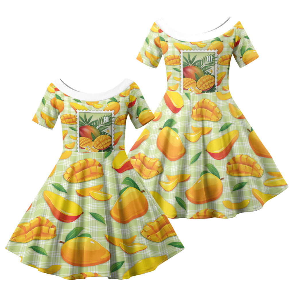 Aloha Hawaii Manako Palaka Motifs Family Matching Summer Maxi Dress and Hawaiian Shirt Hawaiian Mango Stylized Stamp LT14 Daughter's Dress Yellow - Polynesian Pride