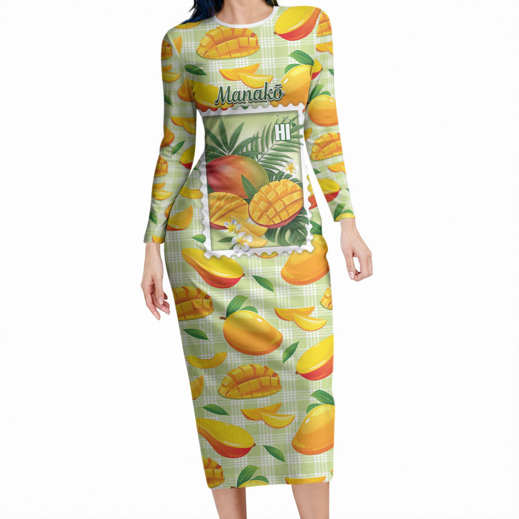 Aloha Hawaii Manako Palaka Motifs Long Sleeve Bodycon Dress Hawaiian Mango Stylized Stamp LT14 Long Dress Yellow - Polynesian Pride