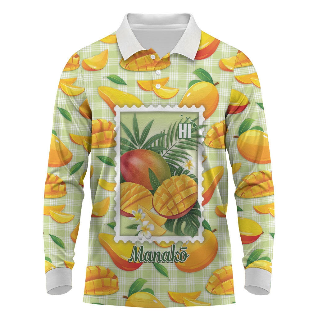 Aloha Hawaii Manako Palaka Motifs Long Sleeve Polo Shirt Hawaiian Mango Stylized Stamp LT14 Yellow - Polynesian Pride