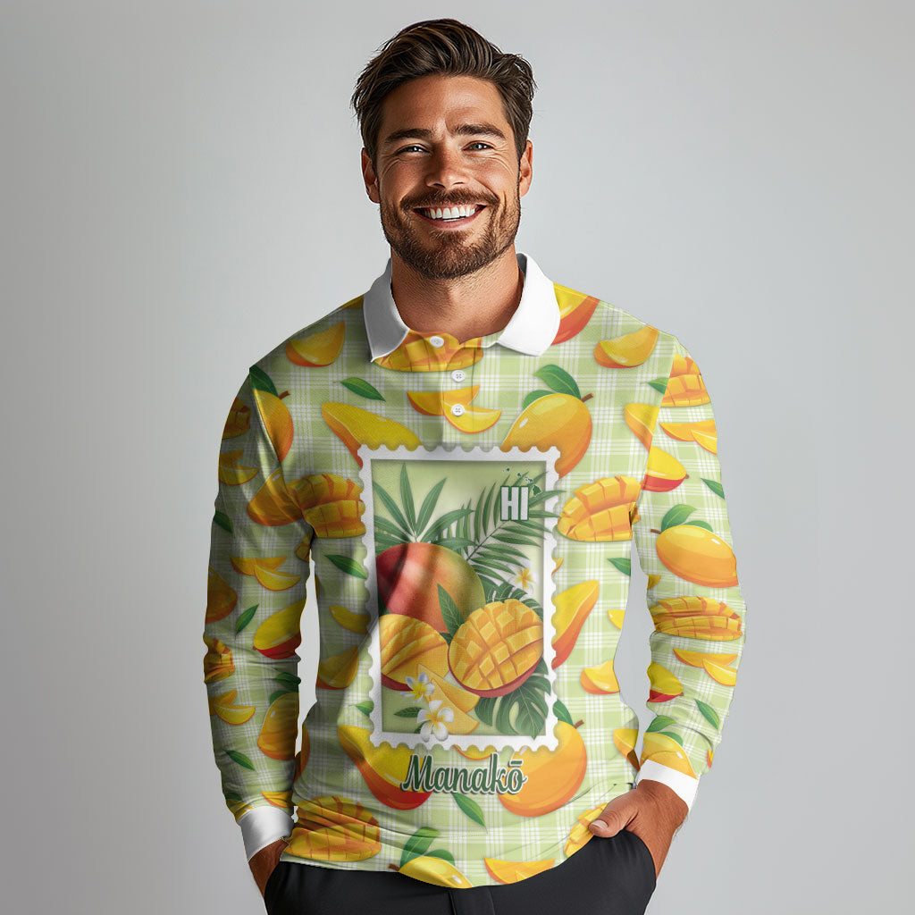 Aloha Hawaii Manako Palaka Motifs Long Sleeve Polo Shirt Hawaiian Mango Stylized Stamp LT14 - Polynesian Pride