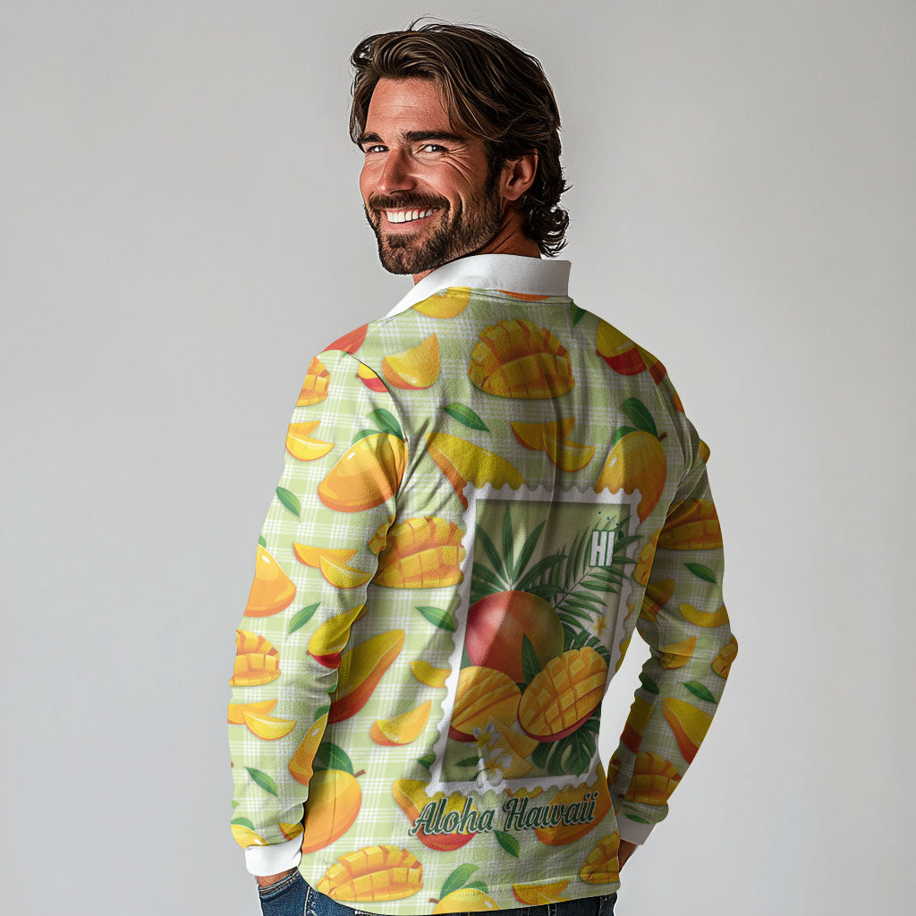 Aloha Hawaii Manako Palaka Motifs Long Sleeve Polo Shirt Hawaiian Mango Stylized Stamp LT14 - Polynesian Pride