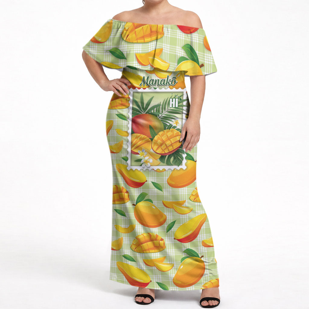 Aloha Hawaii Manako Palaka Motifs Off Shoulder Maxi Dress Hawaiian Mango Stylized Stamp