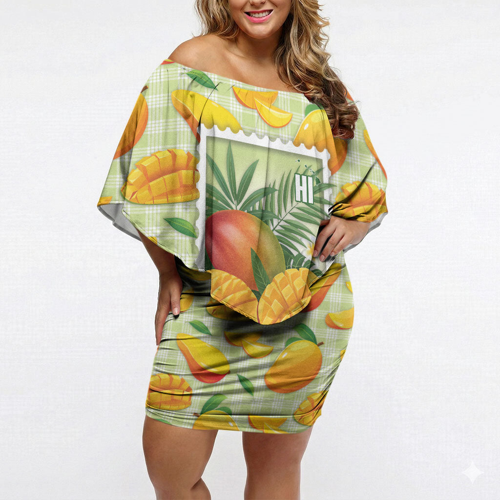 Aloha Hawaii Manako Palaka Motifs Off Shoulder Short Dress Hawaiian Mango Stylized Stamp