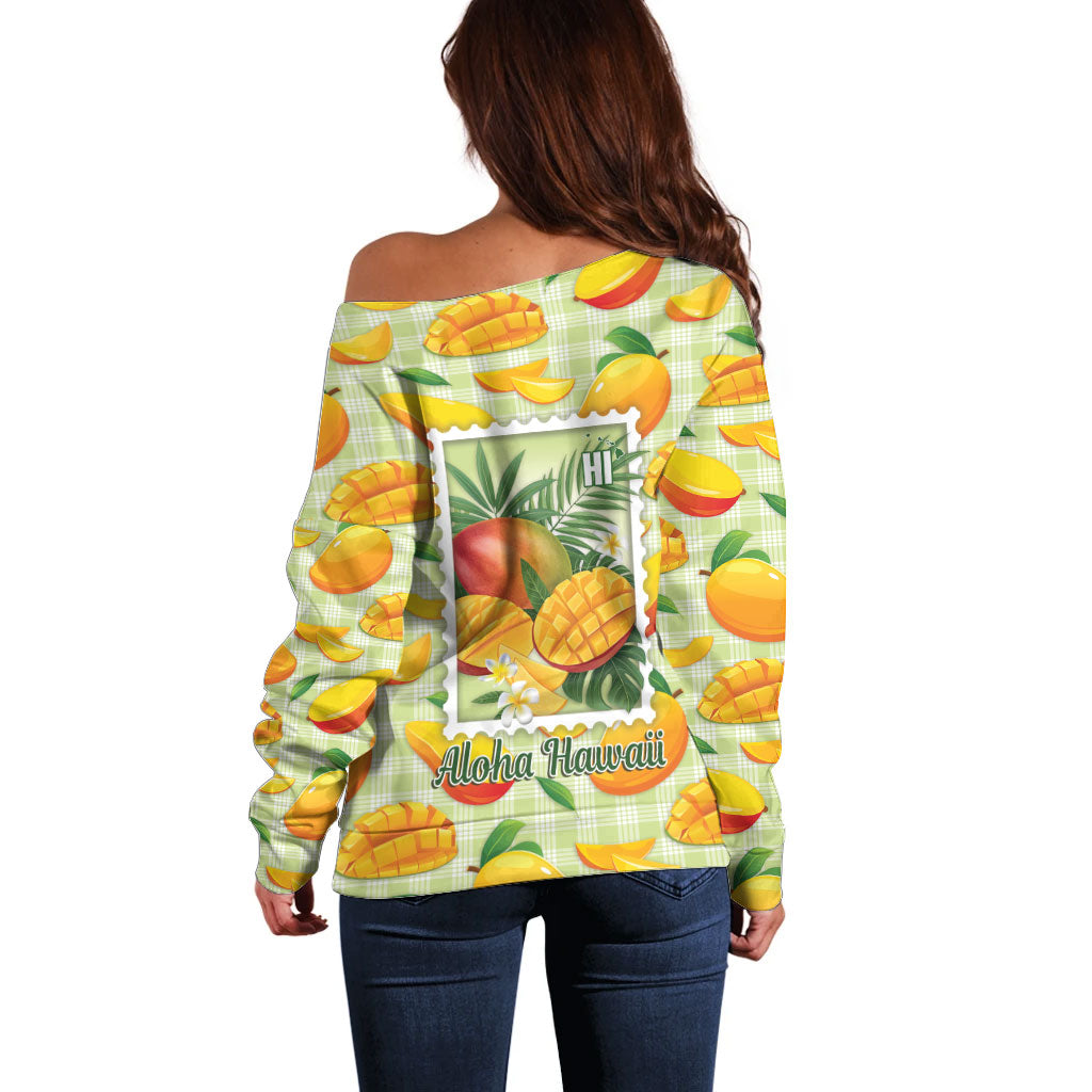 Aloha Hawaii Manako Palaka Motifs Off Shoulder Sweater Hawaiian Mango Stylized Stamp LT14 - Polynesian Pride