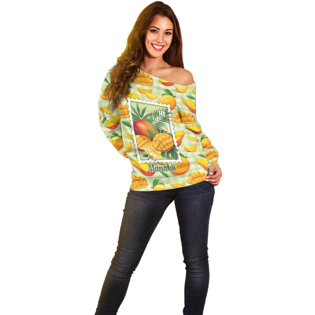 Aloha Hawaii Manako Palaka Motifs Off Shoulder Sweater Hawaiian Mango Stylized Stamp LT14 - Polynesian Pride