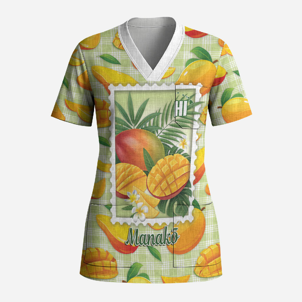 Aloha Hawaii Manako Palaka Motifs Scrub Top Hawaiian Mango Stylized Stamp LT14 Adult Yellow - Polynesian Pride
