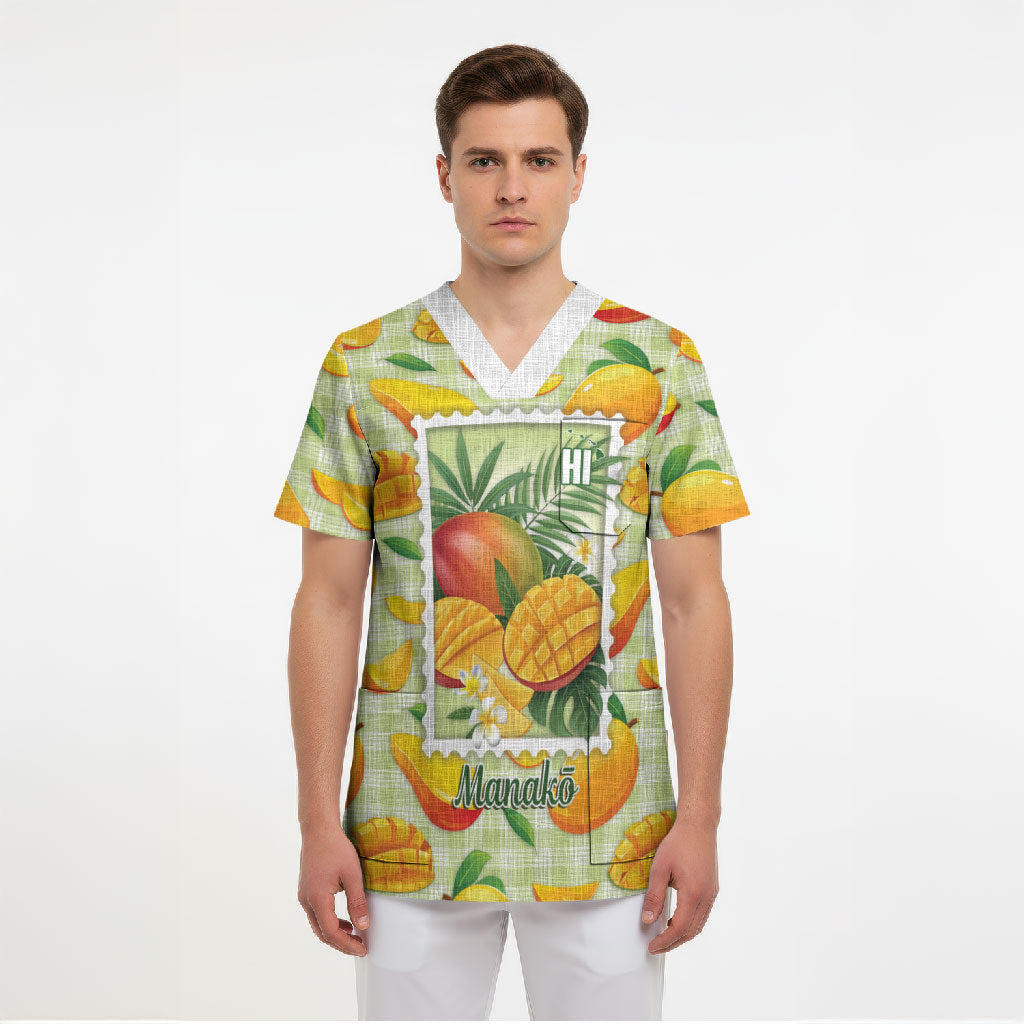 Aloha Hawaii Manako Palaka Motifs Scrub Top Hawaiian Mango Stylized Stamp LT14 - Polynesian Pride