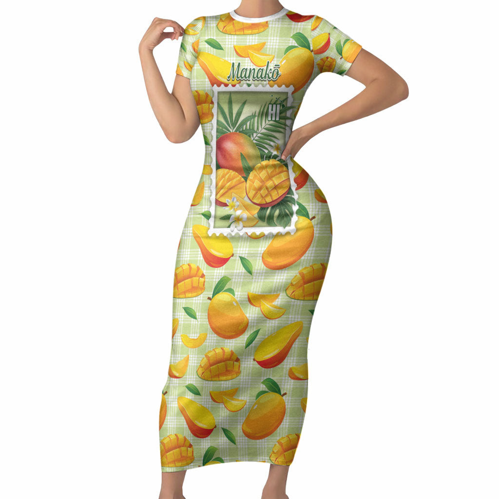 Aloha Hawaii Manako Palaka Motifs Short Sleeve Bodycon Dress Hawaiian Mango Stylized Stamp LT14 Long Dress Yellow - Polynesian Pride