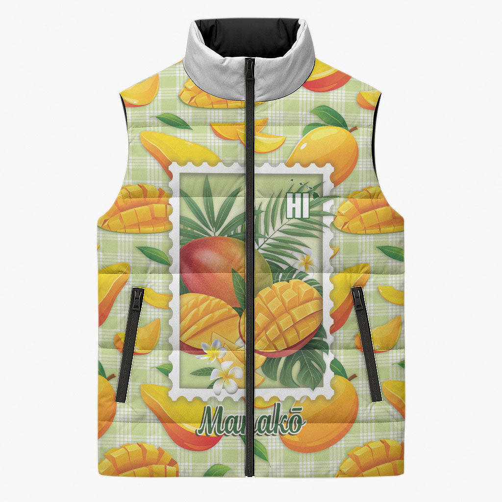 Aloha Hawaii Manako Palaka Motifs Sleeveless Puffer Jacket Hawaiian Mango Stylized Stamp