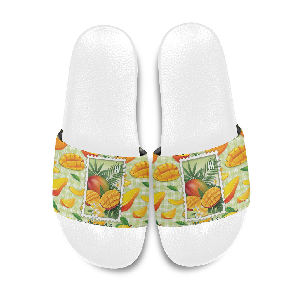 Aloha Hawaii Manako Palaka Motifs Slide Sandals Hawaiian Mango Stylized Stamp LT14 Yellow - Polynesian Pride