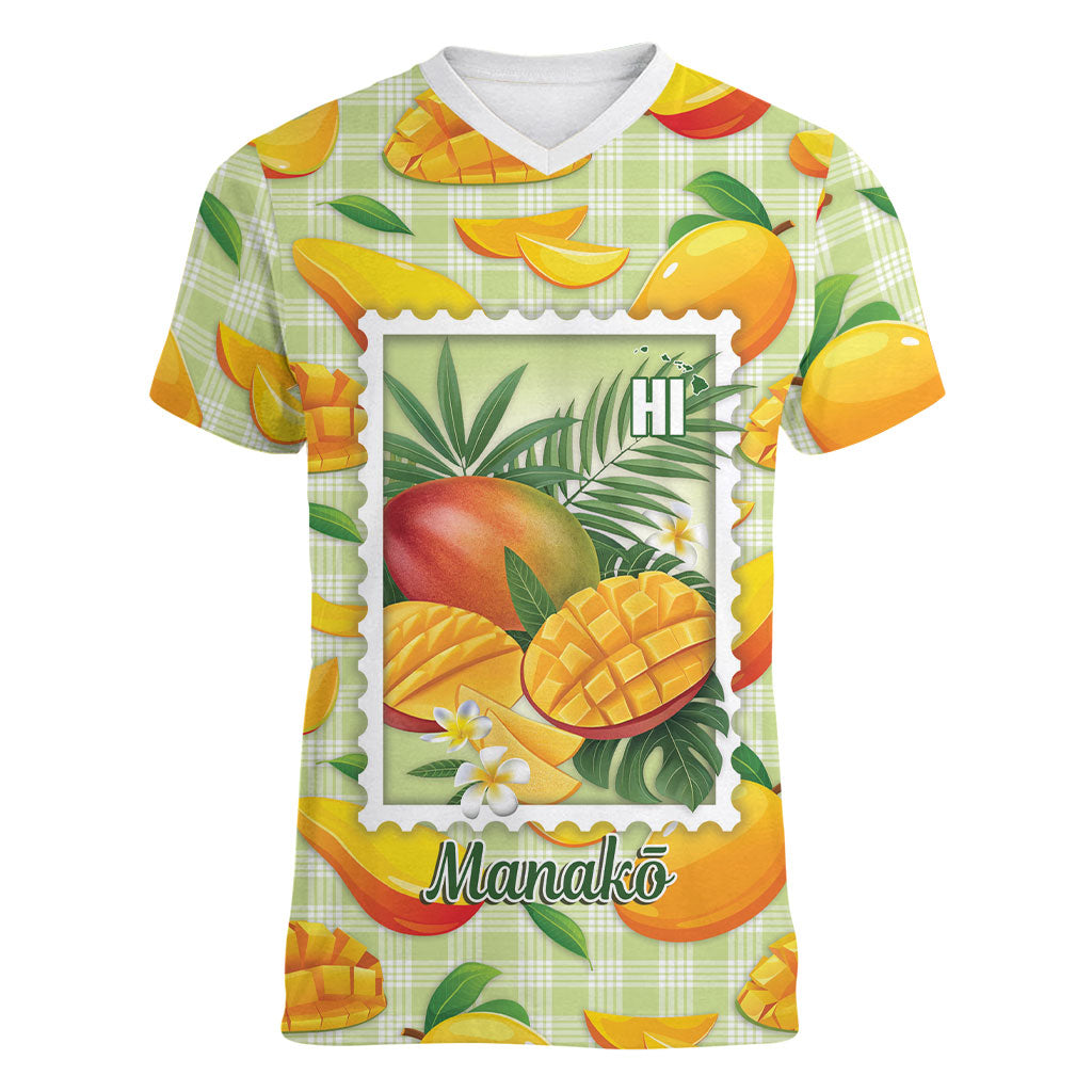 Aloha Hawaii Manako Palaka Motifs Women V-Neck T-Shirt Hawaiian Mango Stylized Stamp LT14 Female Yellow - Polynesian Pride