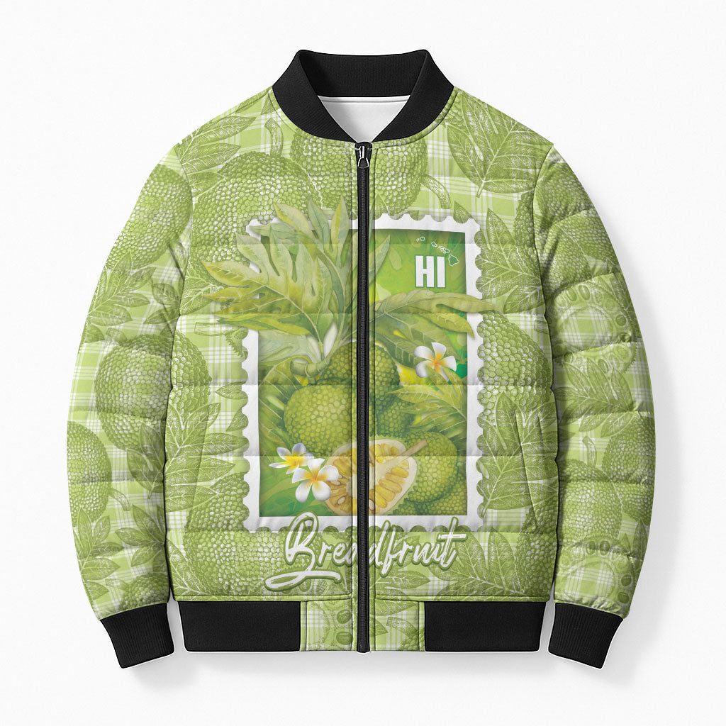 Aloha Hawaii Ulu Palaka Motifs Bomber Puffer Jacket Hawaiian Breadfruit Stylized Stamp LT14 Unisex Green - Polynesian Pride