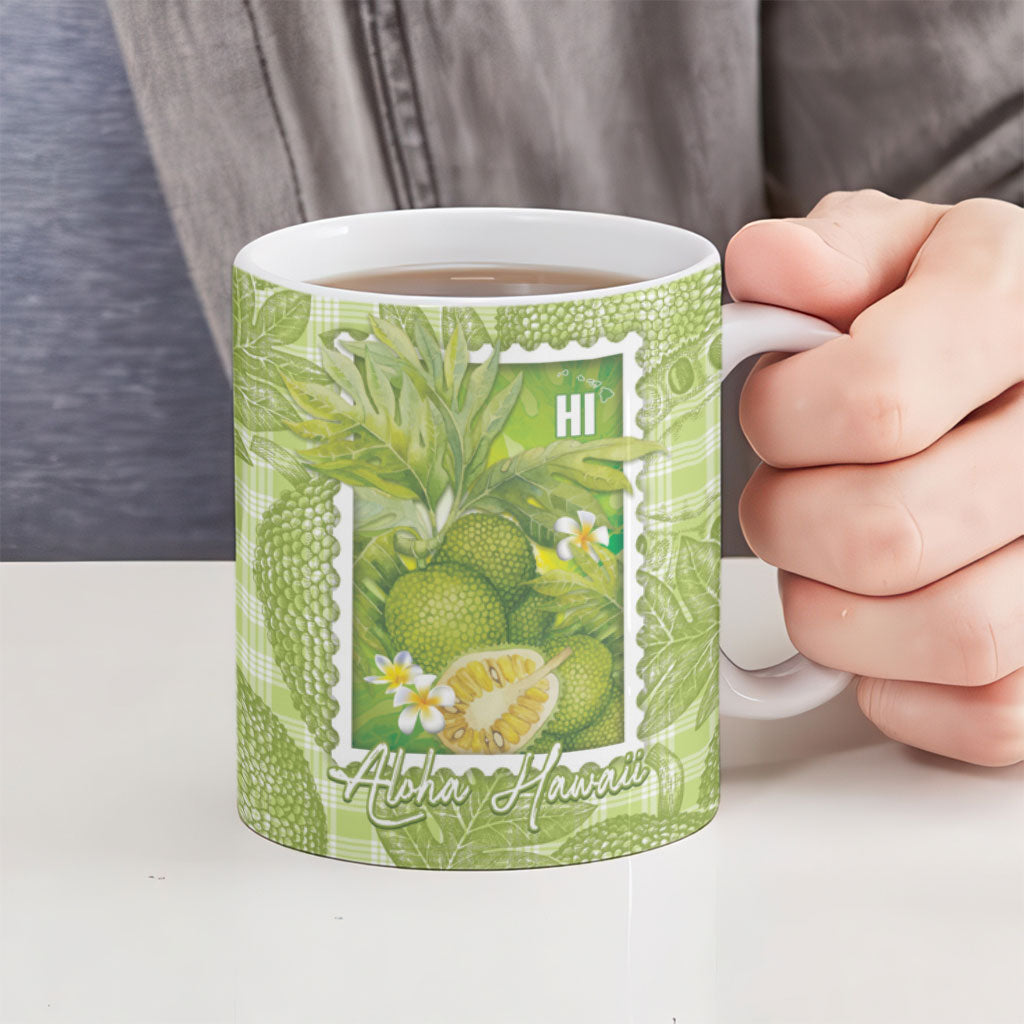 Aloha Hawaii Ulu Palaka Motifs Ceramic Mug Hawaiian Breadfruit Stylized Stamp LT14 - Polynesian Pride
