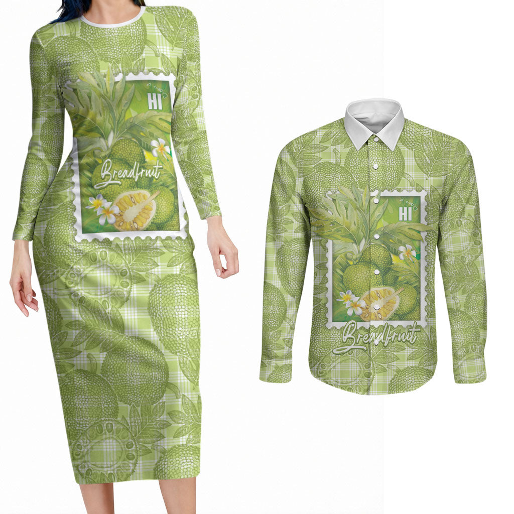 Aloha Hawaii Ulu Palaka Motifs Couples Matching Long Sleeve Bodycon Dress and Long Sleeve Button Shirt Hawaiian Breadfruit Stylized Stamp LT14 Green - Polynesian Pride