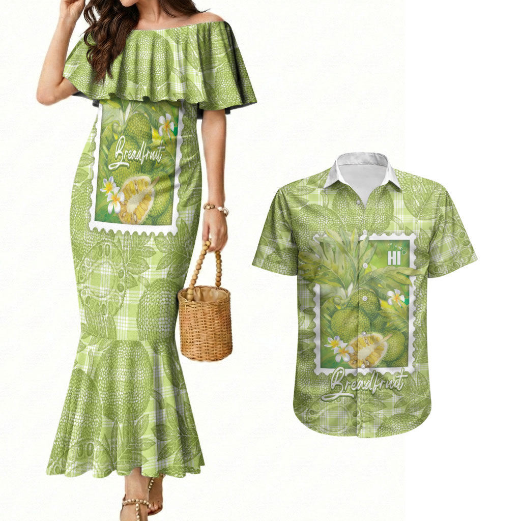 Aloha Hawaii Ulu Palaka Motifs Couples Matching Mermaid Dress and Hawaiian Shirt Hawaiian Breadfruit Stylized Stamp LT14 Green - Polynesian Pride