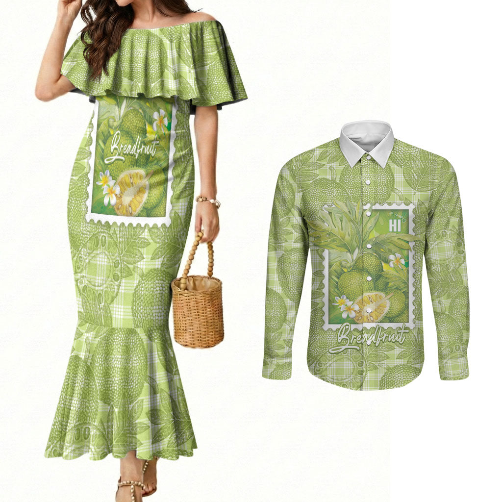 Aloha Hawaii Ulu Palaka Motifs Couples Matching Mermaid Dress and Long Sleeve Button Shirt Hawaiian Breadfruit Stylized Stamp LT14 Green - Polynesian Pride
