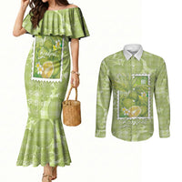 Aloha Hawaii Ulu Palaka Motifs Couples Matching Mermaid Dress and Long Sleeve Button Shirt Hawaiian Breadfruit Stylized Stamp LT14 Green - Polynesian Pride