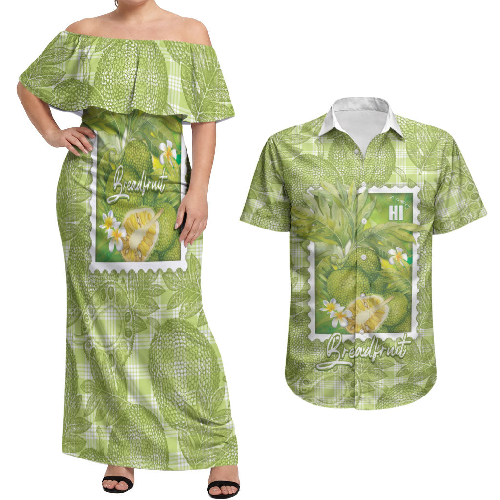 Aloha Hawaii Ulu Palaka Motifs Couples Matching Off Shoulder Maxi Dress and Hawaiian Shirt Hawaiian Breadfruit Stylized Stamp LT14 Green - Polynesian Pride