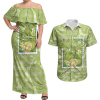 Aloha Hawaii Ulu Palaka Motifs Couples Matching Off Shoulder Maxi Dress and Hawaiian Shirt Hawaiian Breadfruit Stylized Stamp LT14 Green - Polynesian Pride