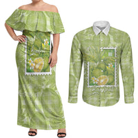 Aloha Hawaii Ulu Palaka Motifs Couples Matching Off Shoulder Maxi Dress and Long Sleeve Button Shirt Hawaiian Breadfruit Stylized Stamp LT14 Green - Polynesian Pride