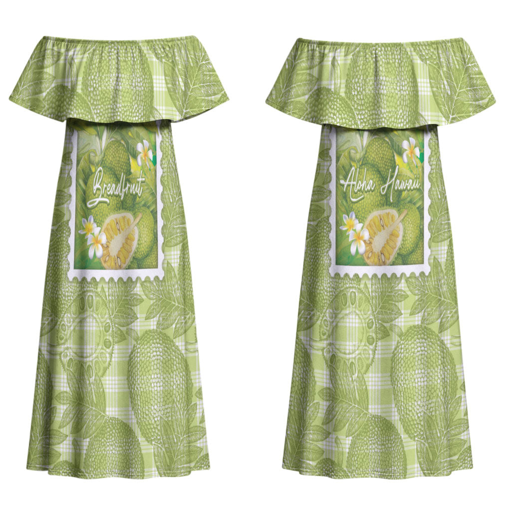 Aloha Hawaii Ulu Palaka Motifs Couples Matching Off Shoulder Maxi Dress and Long Sleeve Button Shirt Hawaiian Breadfruit Stylized Stamp LT14 - Polynesian Pride
